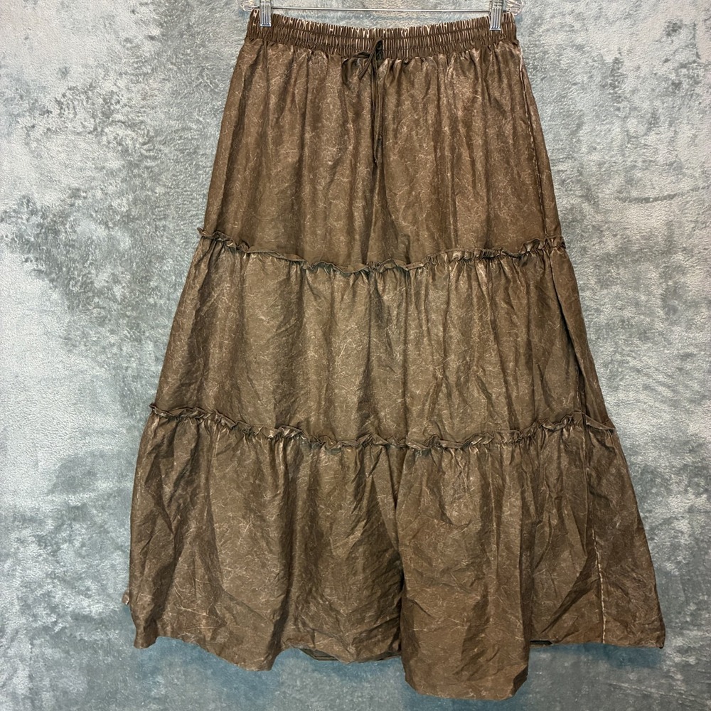 Womens Acid Washed Ruffle Tiered Maxi Skirt XL Boho Goblincore Hippie Neutral